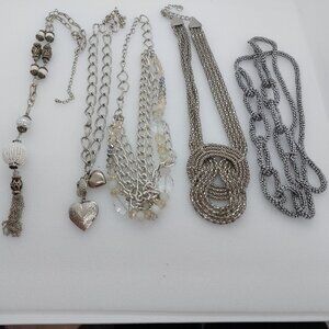 Lot Of 5 Necklaces Silver Tone Chain, Heart, Tassel, Beads & Mesh Like